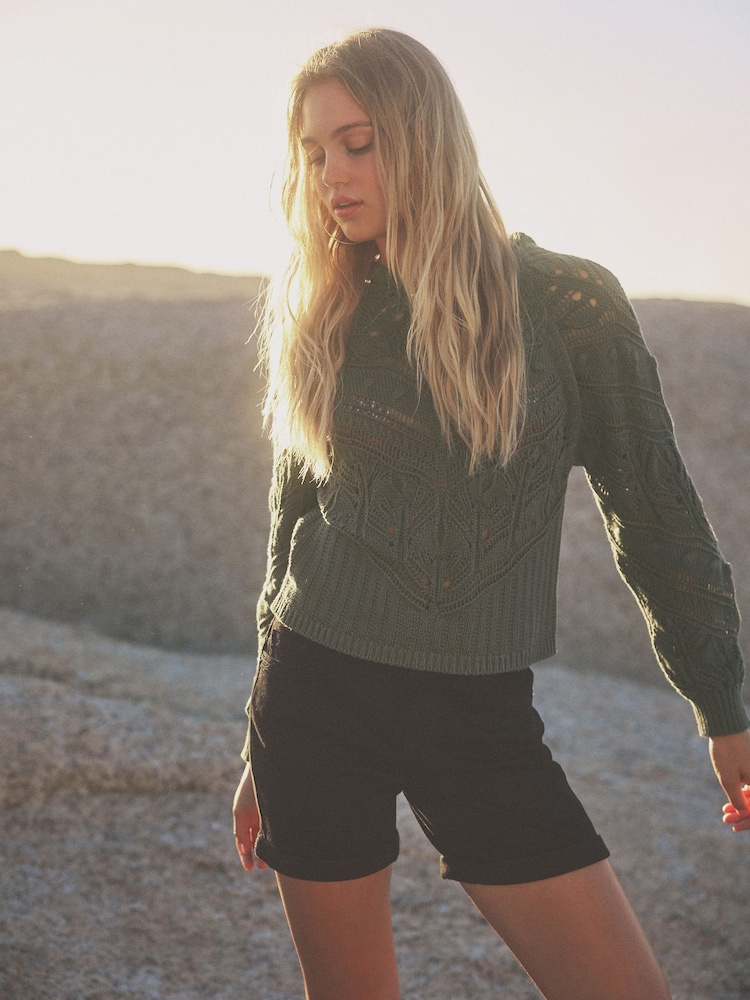 Khaki Green Crochet Knitted Hoodie - Image 2 of 6