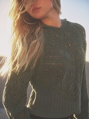 Khaki Green Crochet Knitted Hoodie - Image 4 of 6