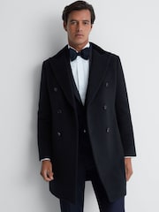 Reiss Navy Waffle Wool Double Breasted Velvet Coat - Image 1 of 6