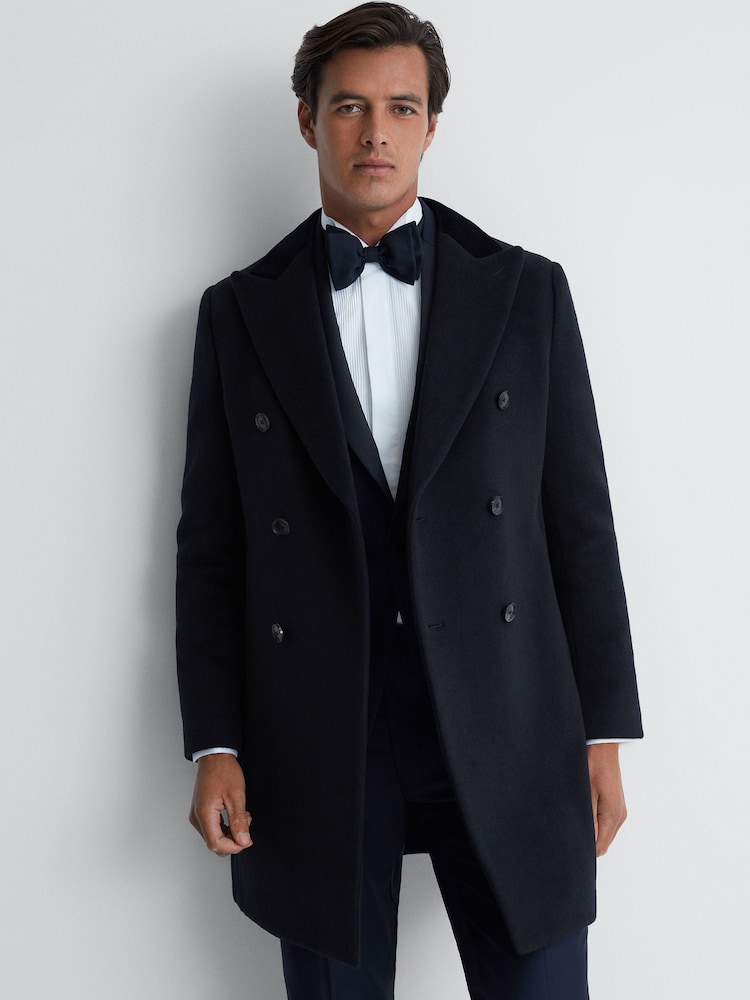 Reiss Navy Waffle Wool Double Breasted Velvet Coat - Image 1 of 6