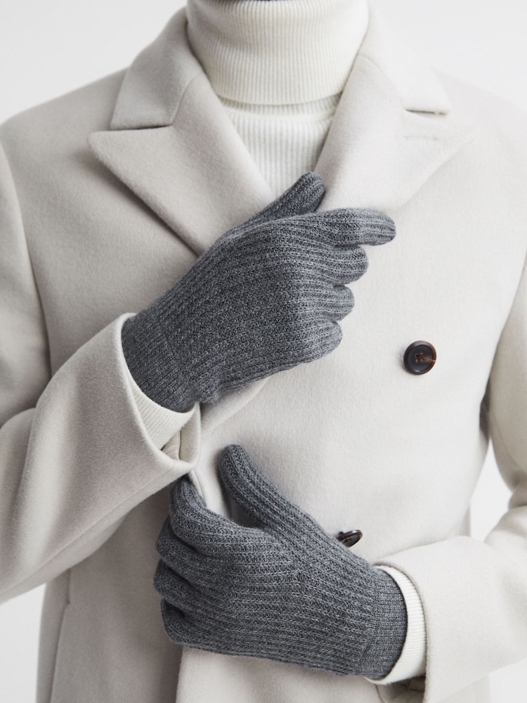 Reiss Charcoal Lawson Merino Wool Ribbed Gloves - Image 2 of 3