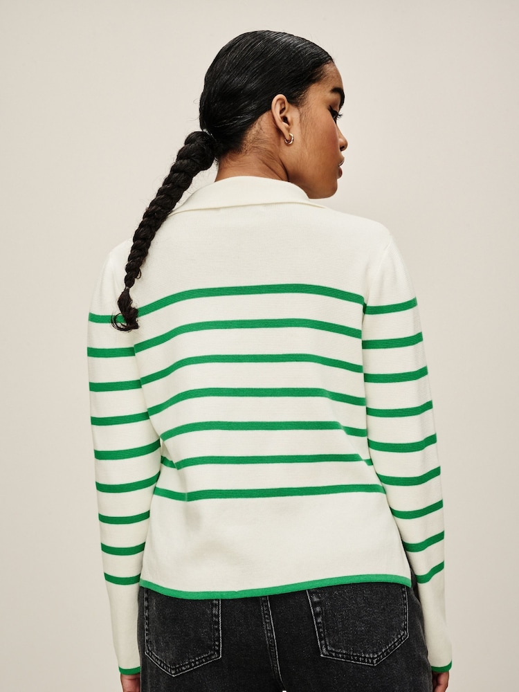 Ecru White Stripe Polo Collar Long Sleeve Jumper - Image 2 of 6