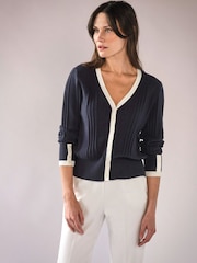 Pure Collection Blue Supima Cotton V Tipped Cardigan - Image 2 of 3