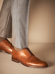 Tan Brown Regular Fit Signature Leather Plain Derby Shoes - Image 1 of 6