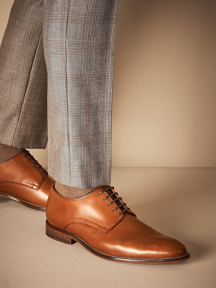 Tan Brown Regular Fit Signature Leather Plain Derby Shoes - Image 1 of 6