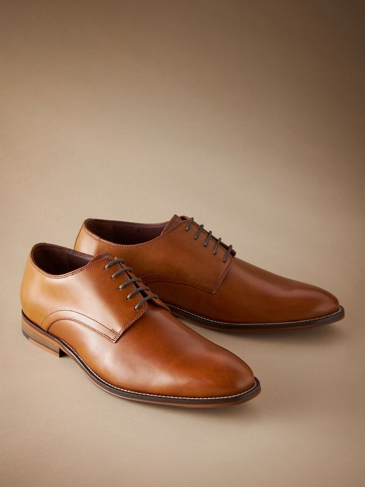 Tan Brown Regular Fit Signature Leather Plain Derby Shoes - Image 2 of 6