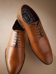Tan Brown Regular Fit Signature Leather Plain Derby Shoes - Image 4 of 6