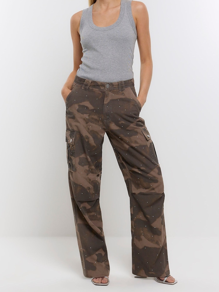 River Island Green Heatseal Cargo Camo Trousers - Image 1 of 4