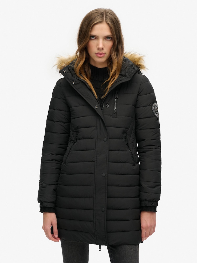 Superdry Black Fuji Hooded Mid Length Puffer Jacket - Image 1 of 7