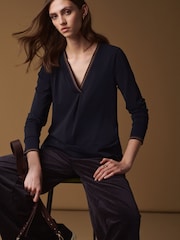 Navy Blue Premium Long Sleeve Contrast V-Neck Top - Image 1 of 10