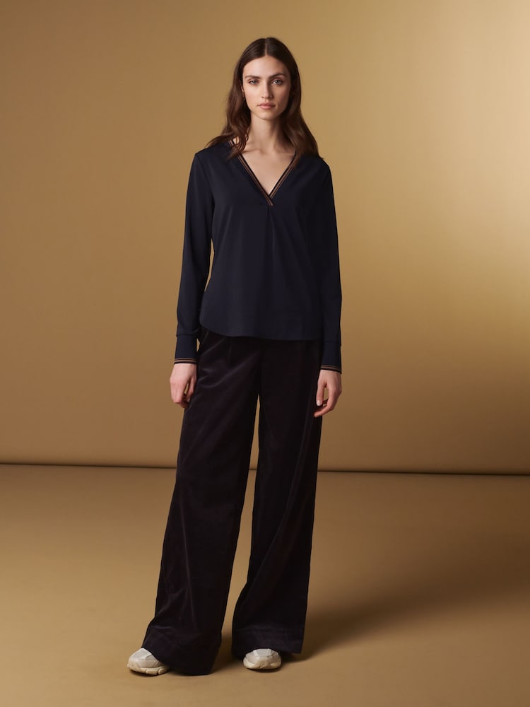 Navy Blue Premium Long Sleeve Contrast V-Neck Top - Image 2 of 10