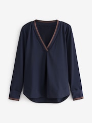 Navy Blue Premium Long Sleeve Contrast V-Neck Top - Image 6 of 10