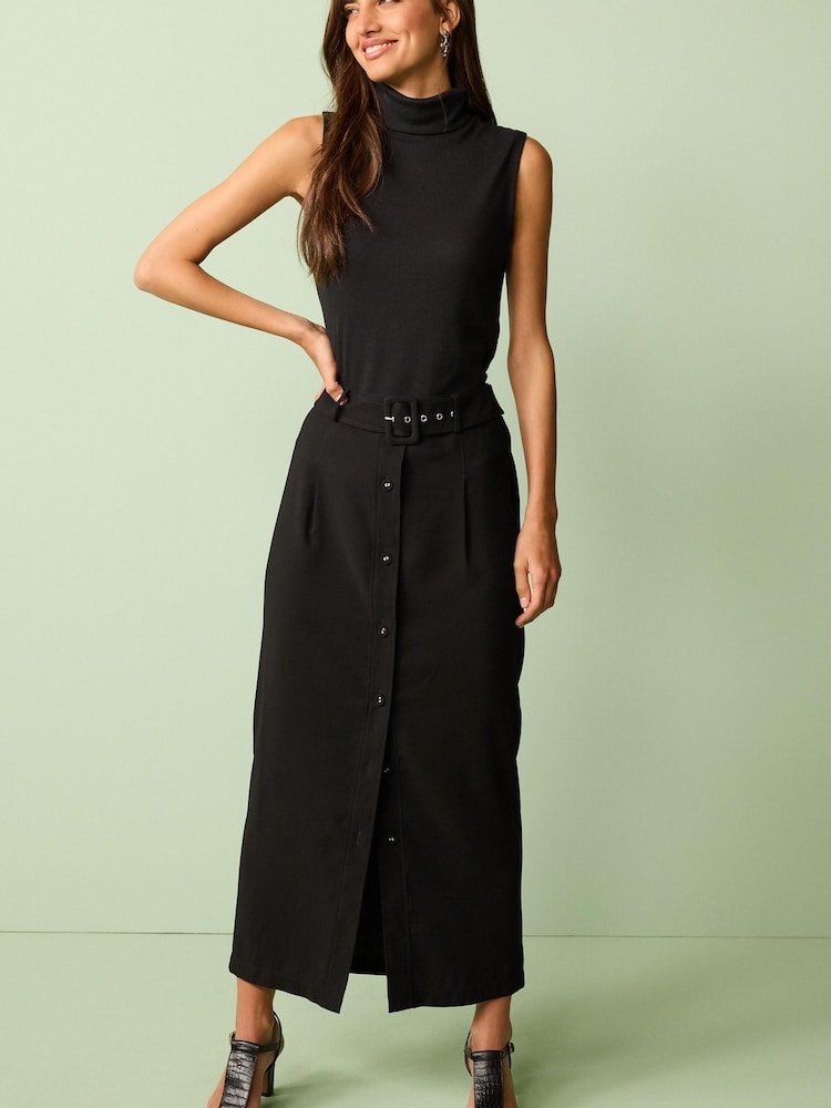Black Smart Belted Midi Skirt - Image 2 of 7