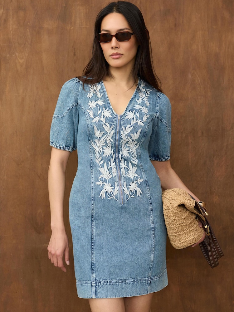 Mint Velvet Blue Embroidered Denim Mini Dress - Image 1 of 8 Mint Velvet Blue Embroidered Denim Mini Dress - Image 1 of 8