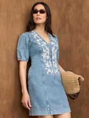 Mint Velvet Blue Embroidered Denim Mini Dress - Image 2 of 8