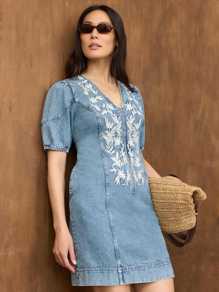 Mint Velvet Blue Embroidered Denim Mini Dress - Image 2 of 8 Mint Velvet Blue Embroidered Denim Mini Dress - Image 2 of 8