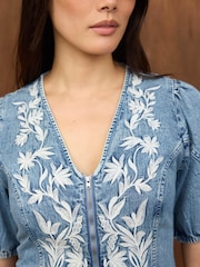 Mint Velvet Blue Embroidered Denim Mini Dress - Image 6 of 8