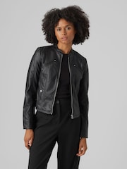 VERO MODA Black Collarless Faux Leather Biker Jacket - Image 1 of 5