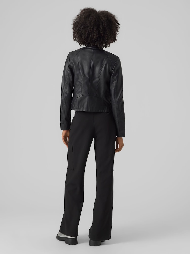 VERO MODA Black Collarless Faux Leather Biker Jacket - Image 2 of 5