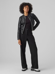 VERO MODA Black Collarless Faux Leather Biker Jacket - Image 3 of 5