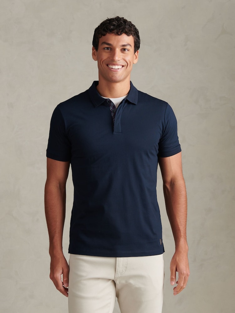 U.S. Polo Assn Navy Blue Check Trim Mercerised Cotton Polo Shirt - Image 1 of 7 U.S. Polo Assn Navy Blue Check Trim Mercerised Cotton Polo Shirt - Image 1 of 7