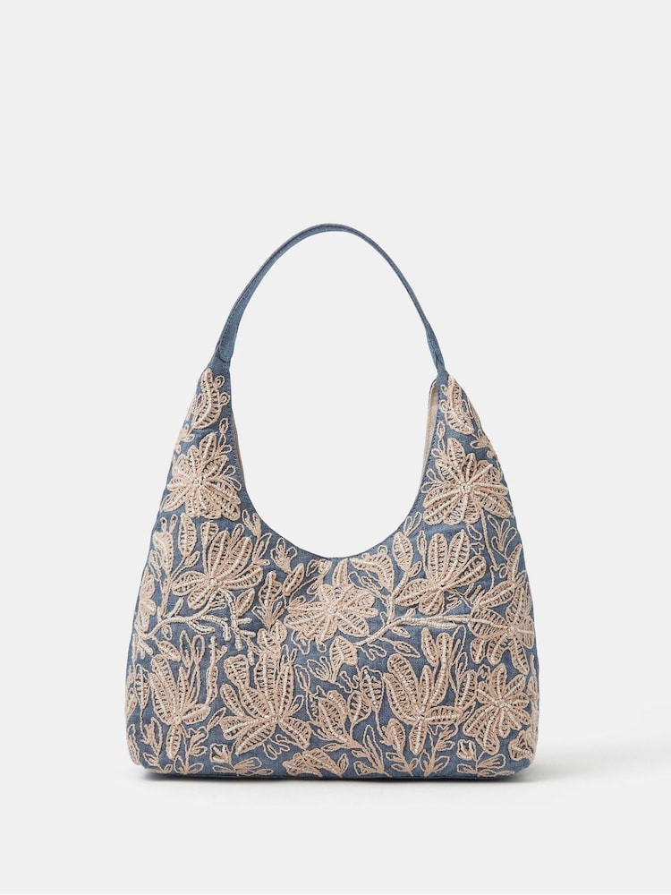 Accessorize Blue Embroidered Denim Shoulder Bag - Image 1 of 3 Accessorize Blue Embroidered Denim Shoulder Bag - Image 1 of 3