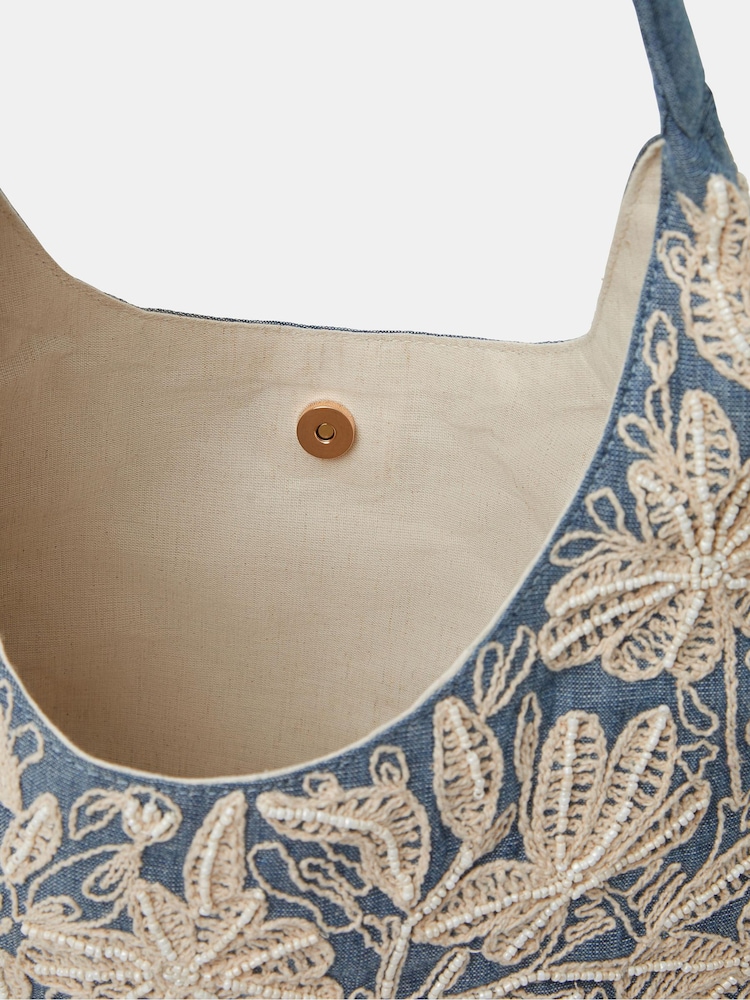 Accessorize Blue Embroidered Denim Shoulder Bag - Image 2 of 3 Accessorize Blue Embroidered Denim Shoulder Bag - Image 2 of 3