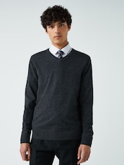 Charcoal Grey V-Neck Regular Cotton Rich Knitted Crew Neck Jumper - Image 1 of 4