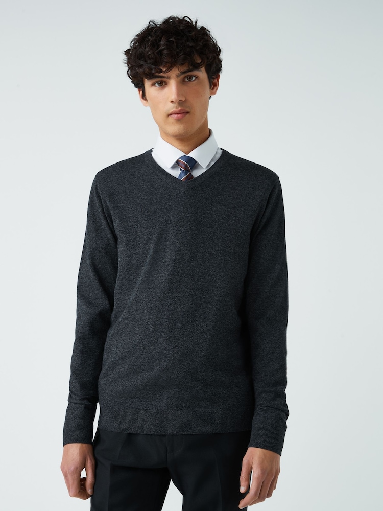 Charcoal Grey V-Neck Regular Cotton Rich Knitted Crew Neck Jumper - Image 1 of 4