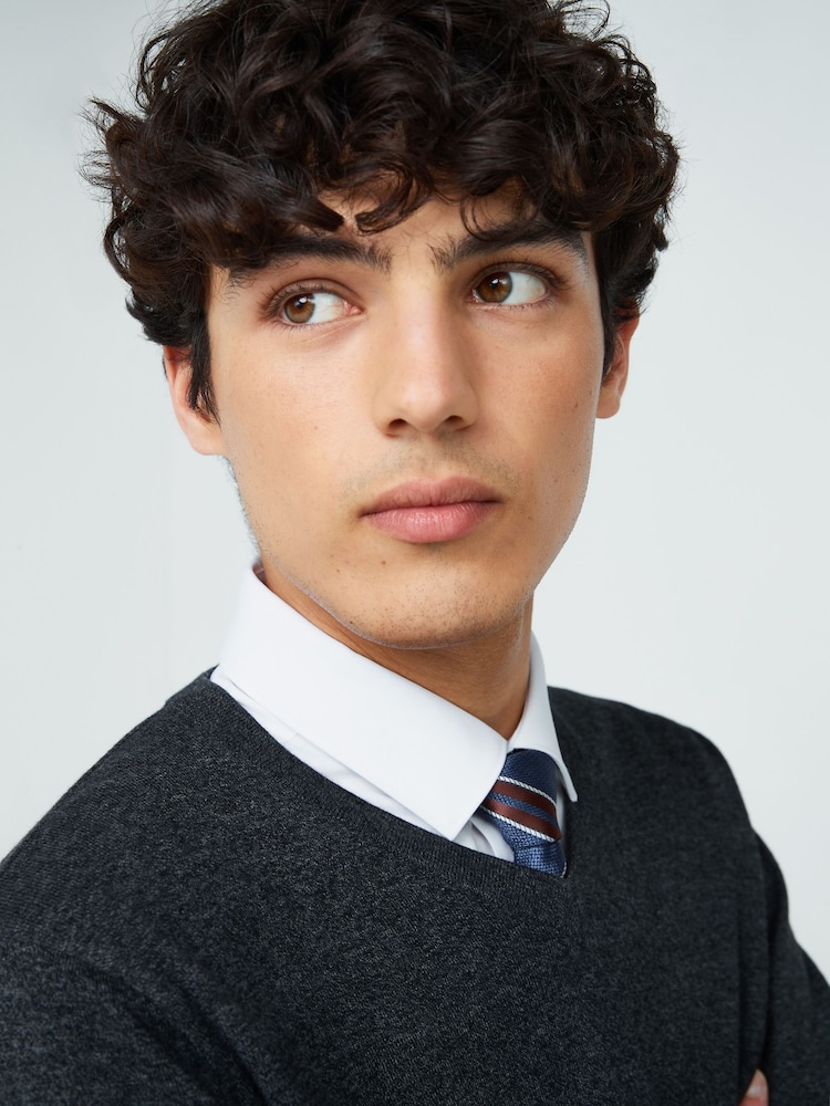 Charcoal Grey V-Neck Regular Cotton Rich Knitted Crew Neck Jumper - Image 4 of 4