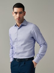 Navy Blue/White Textured Slim Fit Signature Super Non Iron Single Cuff Shirt with Cutaway Collar - Image 1 of 8