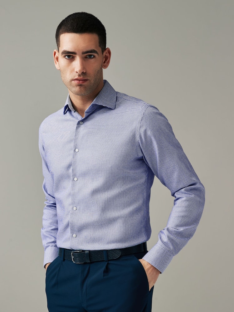 Navy Blue/White Textured Slim Fit Signature Super Non Iron Single Cuff Shirt with Cutaway Collar - Image 1 of 8