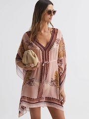 Reiss Tan Emerie Abstract Print Drawstring Kaftan - Image 1 of 5