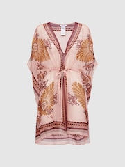 Reiss Tan Emerie Abstract Print Drawstring Kaftan - Image 2 of 5