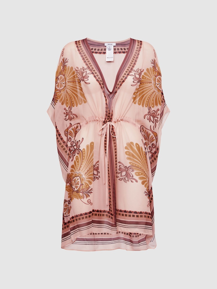 Reiss Tan Emerie Abstract Print Drawstring Kaftan - Image 2 of 5
