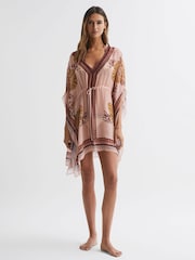 Reiss Tan Emerie Abstract Print Drawstring Kaftan - Image 3 of 5