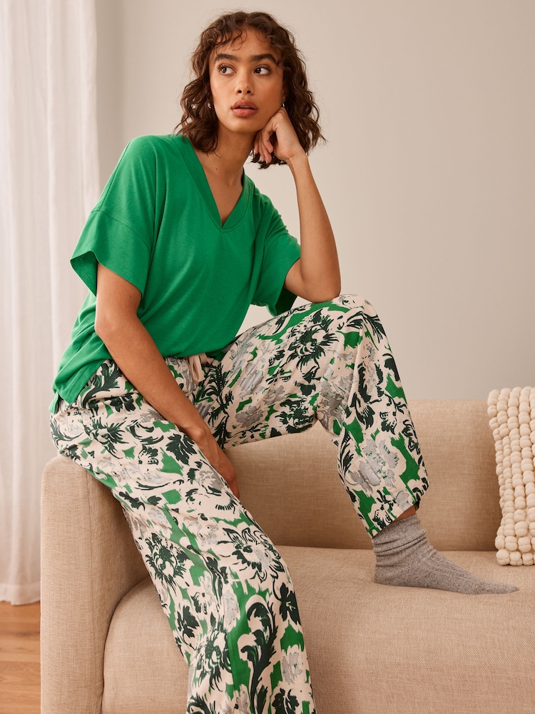 Green Floral Linen Blend Short Sleeve Pyjamas - Image 1 of 9