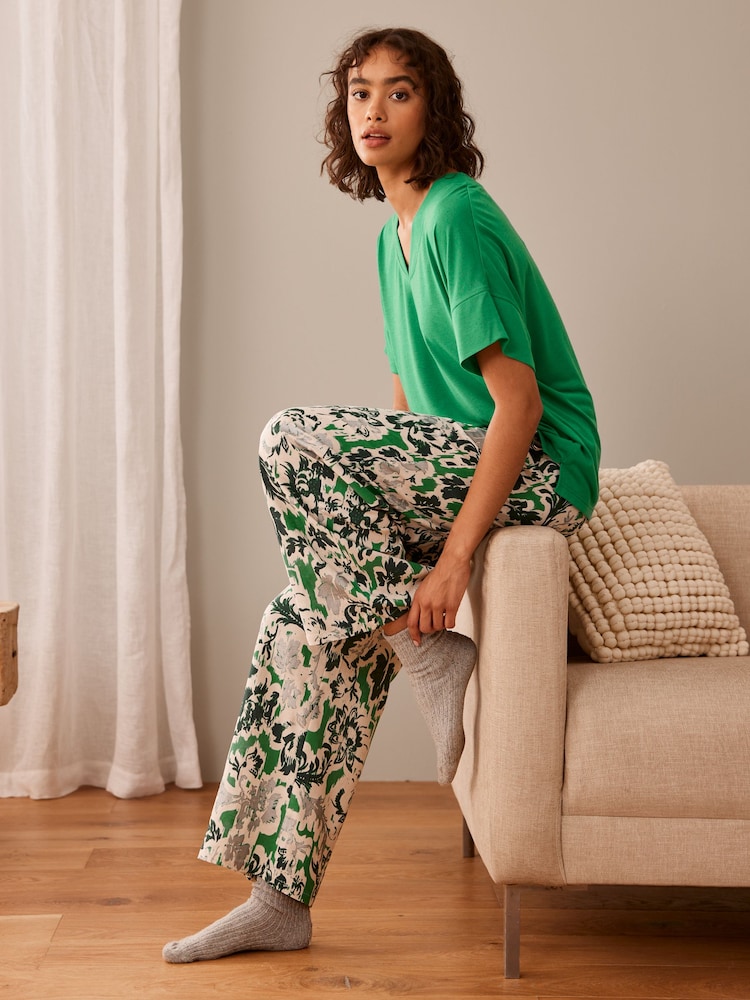 Green Floral Linen Blend Short Sleeve Pyjamas - Image 2 of 9