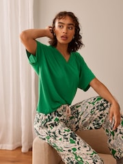 Green Floral Linen Blend Short Sleeve Pyjamas - Image 4 of 9