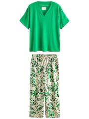 Green Floral Linen Blend Short Sleeve Pyjamas - Image 6 of 9