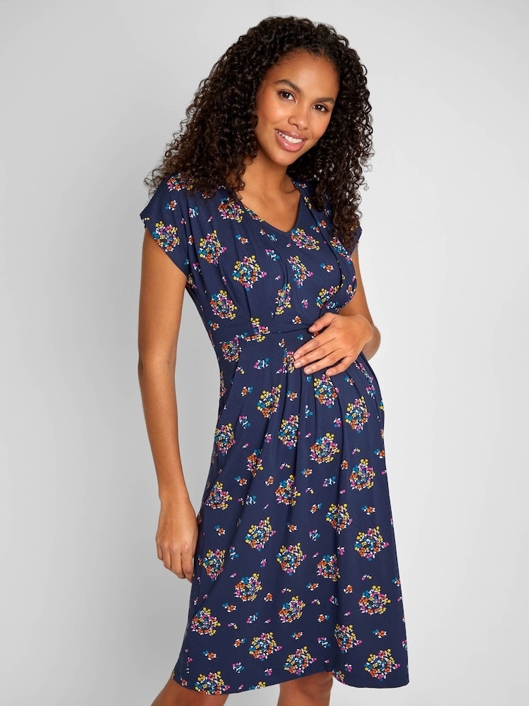 JoJo Maman Bébé Navy Blue Floral Maternity & Nursing Tunic Dress - Image 1 of 4