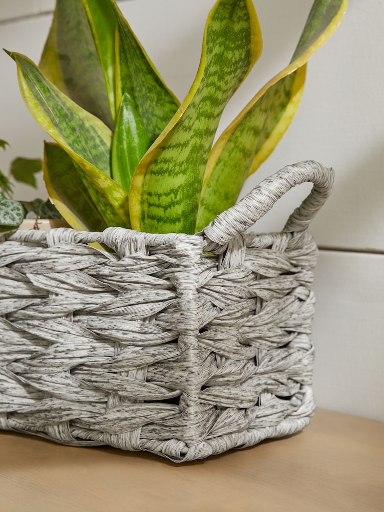 Grey Plastic Wicker Small Storage Basket - Image 2 of 4