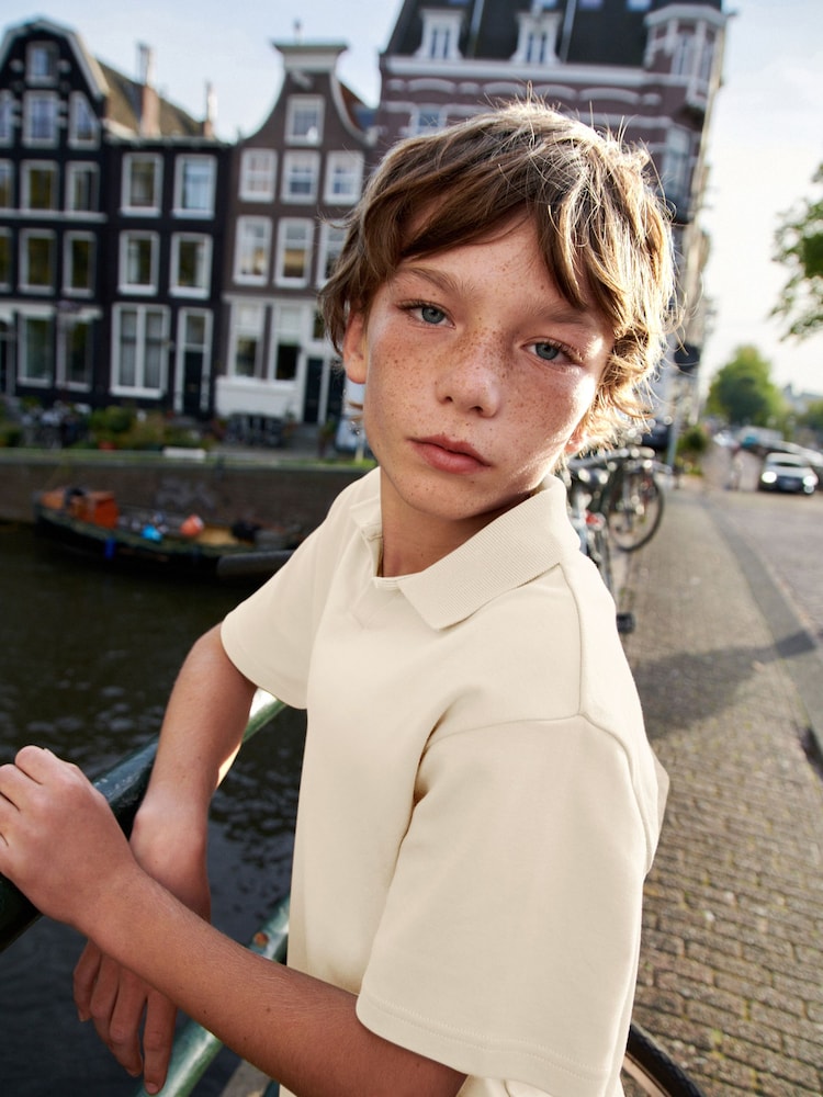 Ecru/White Revere Collar Short Sleeve 100% Cotton Polo Shirt (3-16yrs) - Image 1 of 6
