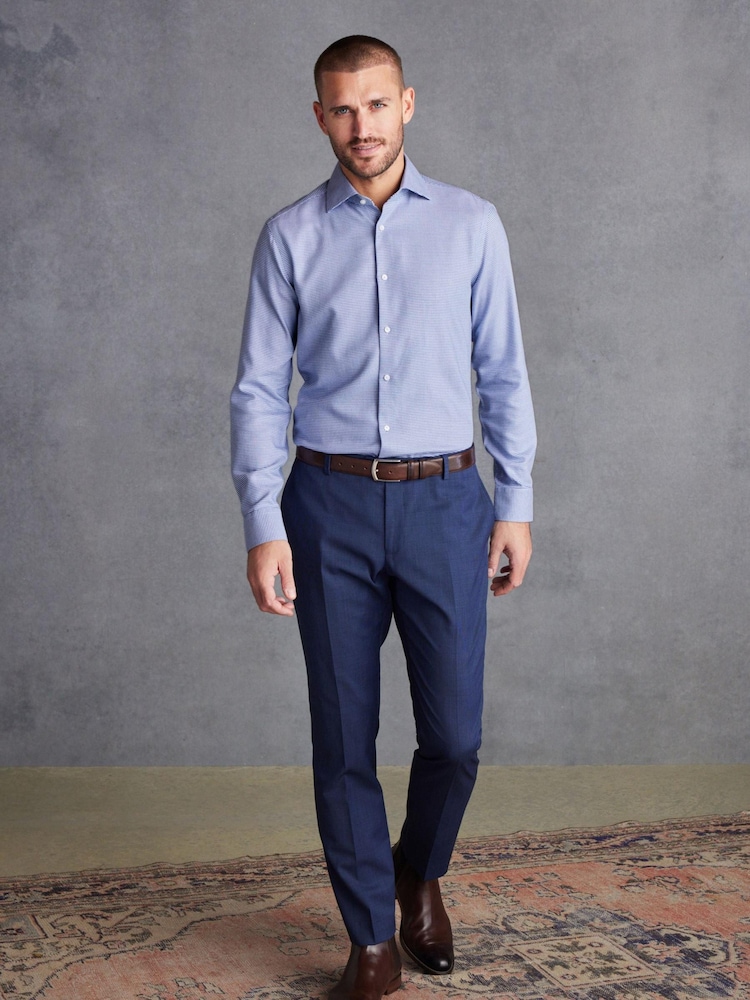 Blue Textured Slim Fit Signature Super Non Iron Single Cuff Shirt with Cutaway Collar - Image 2 of 6