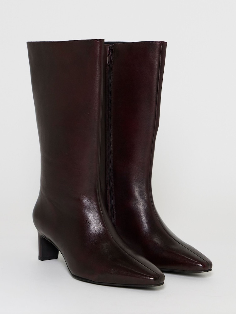 JD Williams Red Leather Heeled Pointed Calf Boots - Image 2 of 4