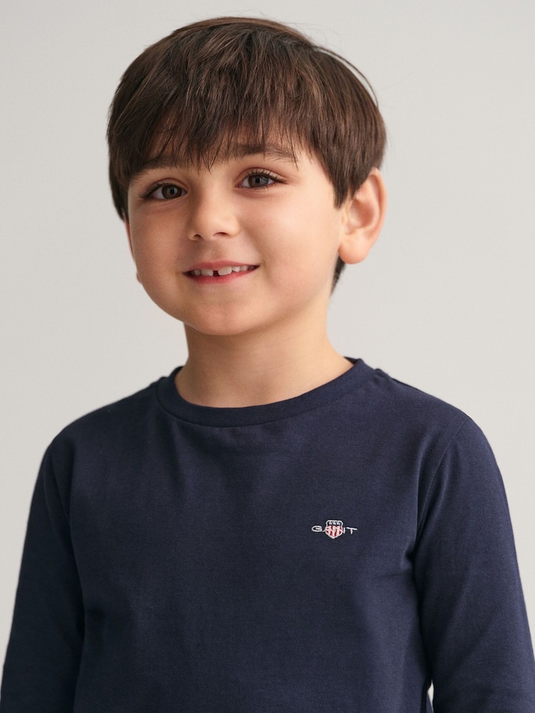 Blau - GANT Langärmeliges T-Shirt mit Schildlogo aus 100% Baumwolle - Bild 2 von 5