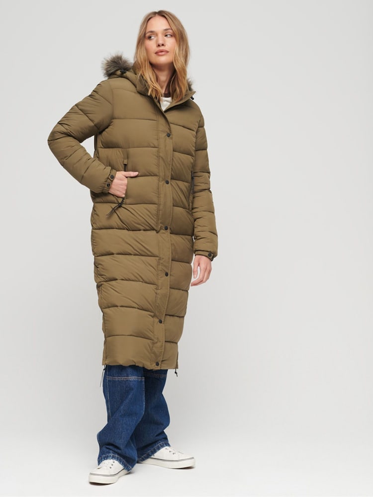 Superdry Green Faux Fur Hood Longline Puffer Jacket - Image 1 of 4