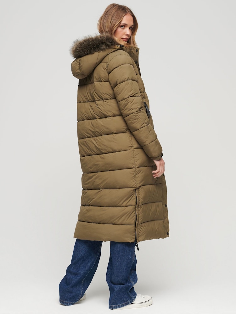Superdry Green Faux Fur Hood Longline Puffer Jacket - Image 2 of 4