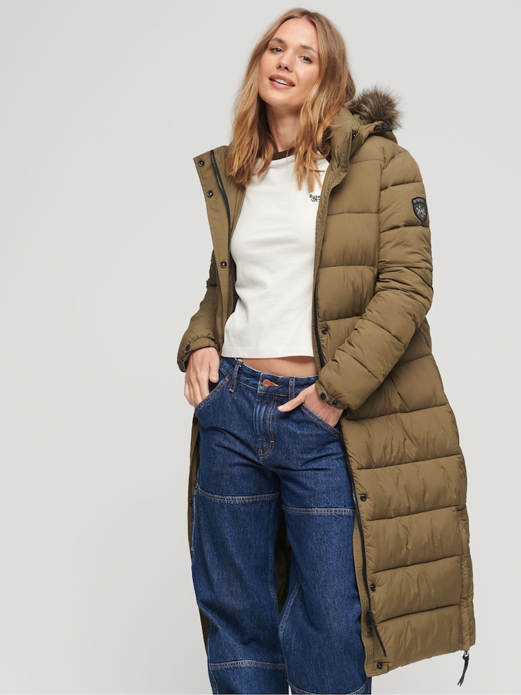 Superdry Green Faux Fur Hood Longline Puffer Jacket - Image 4 of 4