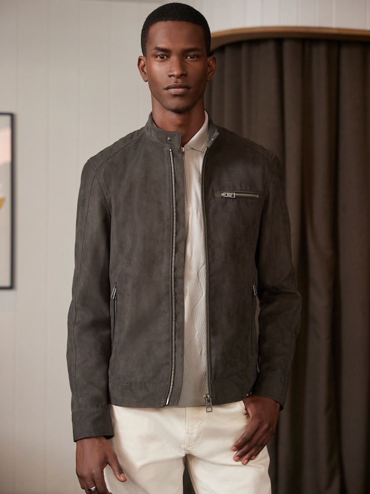 Neutral/Grey Faux Suede Racer Jacket - Image 1 of 12